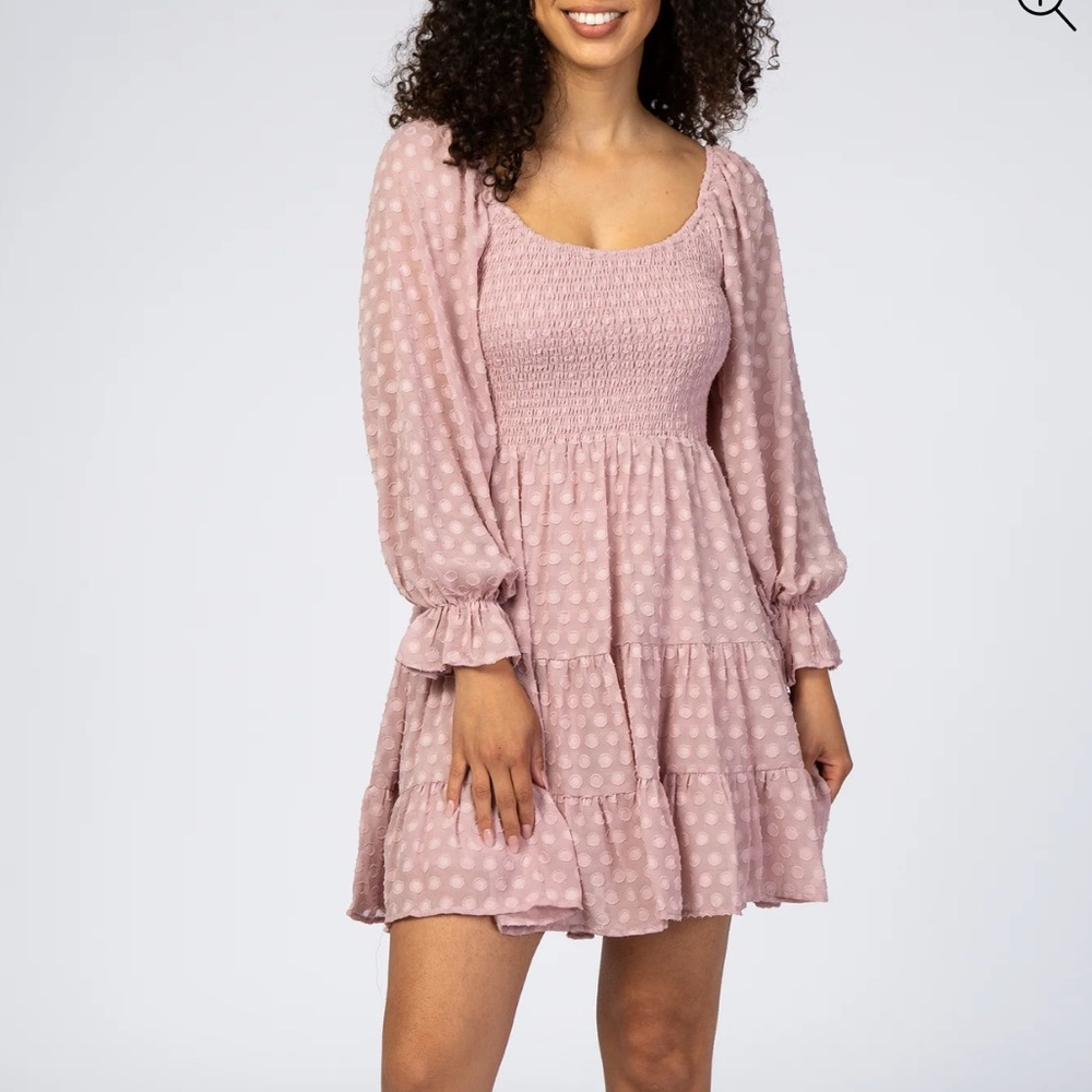 Pinkblush Swiss dot smocked pink flirty feminine dress L NWT